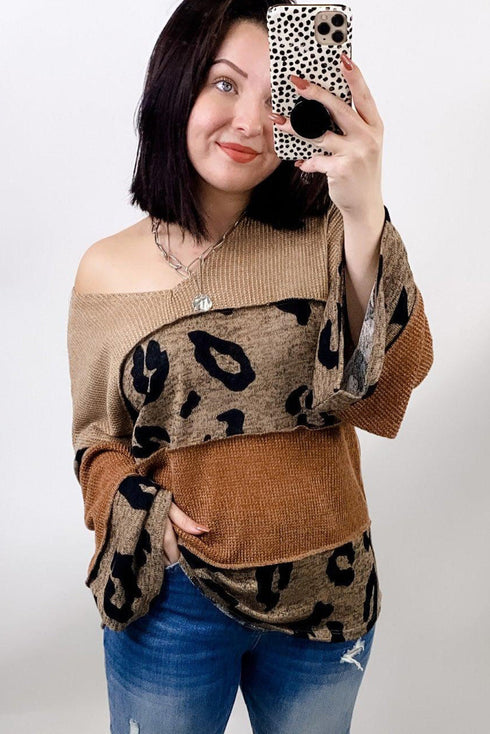 Colorblock Patchwork V-Neck Loose Sleeve Knit Top